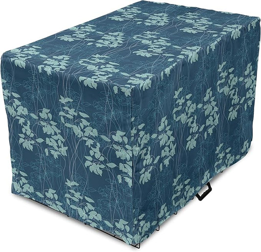 Lunarable Blue Floral Dog Crate Cover, Abstract Leaves and Outlines Rural Field Garden Foliage Art, Easy to Use Pet Kennel Cover for Cats & Medium Dogs, 30 Inch, Green Night