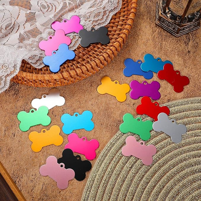100 Pcs Blank Dog Pet Tags for Engraving 38MM Aluminum Bone Shape Name Tag Colorful Double Sided Dog Cat Phone Number Tag Pendants