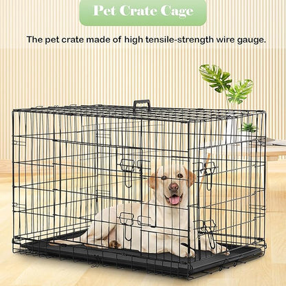 Furniture of America Yucca Metal Double Door Folding Wire Pet Crate with Divider, Removable Tray, and Handle for Outdoor and Indoor Medium Dog, 48-inch, Black