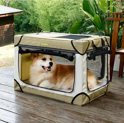 Lesure Soft Collapsible Dog Crate - 26 Inch Portable Travel Crate for Small Dogs Indoor & Outdoor, 4-Door Foldable Pet Kennel with Durable Mesh Windows, Beige