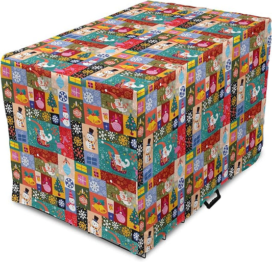 Lunarable Christmas Dog Crate Cover, Modern Design Theme Funny Xmas Winter Patterns Theme, Easy to Use Pet Kennel Cover for Cats & Medium Dogs, 24 Inch, Red Blue