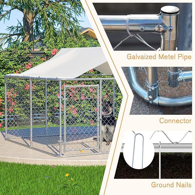 Large Outdoor Dog Kennel, Heavy Duty Galvanized Steel Dog Enclosure, Chicken Coop w/Waterproof UV-Resistant Cover, Lockable Door Chain Link for Small & Large Pets, Backyard (118" L x 118" W x 71" H)
