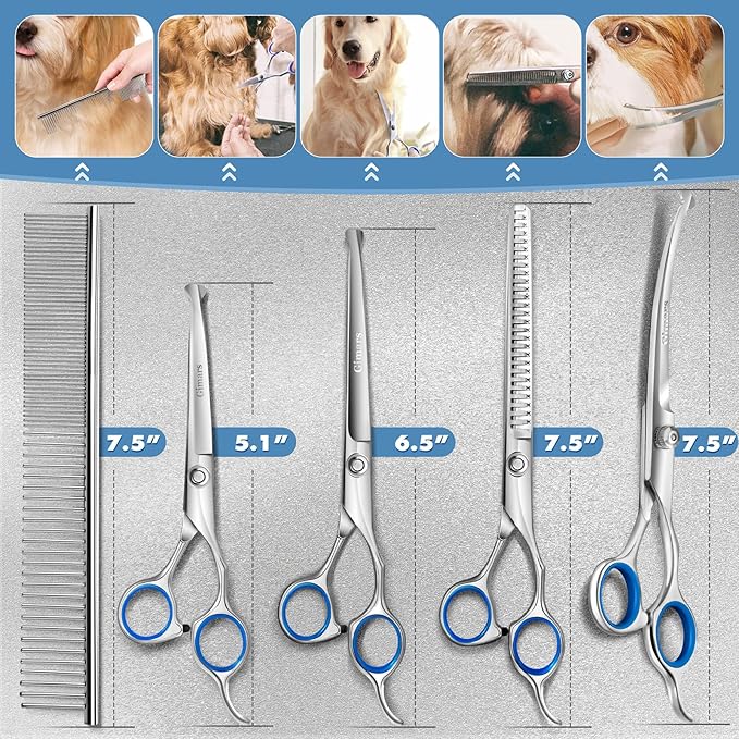 Gimars Titanium Coated Professional 6 in 1 4CR Stainless Steel Dog Grooming Scissors with Safety Round Tip, Heavy Duty Pet Grooming Scissor for Dogs, Cats and Other Animals
