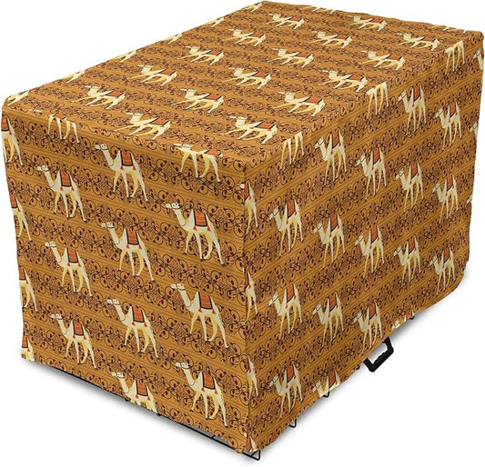 Lunarable Camel Dog Crate Cover, Traditional Pattern with Strokes Desert Animal Repetition in Folk Accessories, Easy to Use Pet Kennel Cover for Medium Large Dogs, 36 Inch, Apricot and Cream