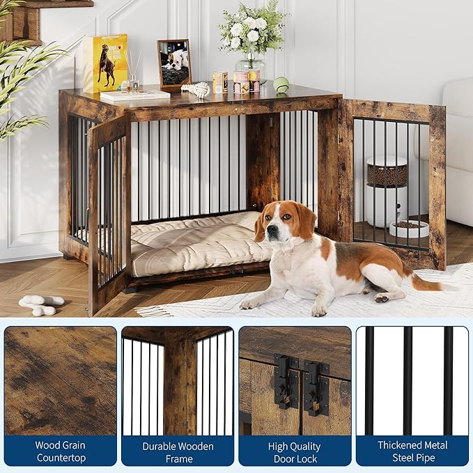 42.1" Dog Crate Furniture, Lockable Double Door Wooden Pet Crate for Indoor Use, Stylish Pet Crate End Table for Small/Large/Medium Dogs, Decorative Pet House, Functional Chic Puppy Crate Furniture