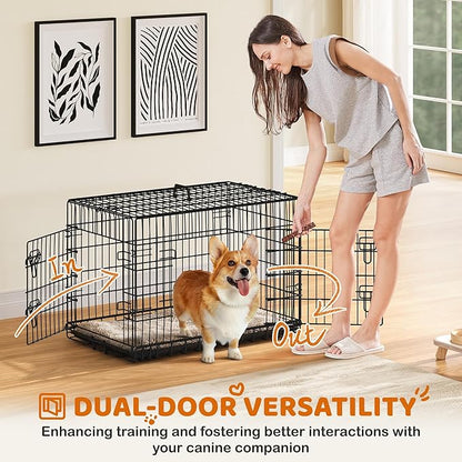 Yaheetech 36 inch Double Door Dog Crate w/Divider for Puppy, Collapsible Metal Dog Kennel with Removable Tray, Portable Travel Cage, Black
