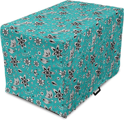 Lunarable Flower Dog Crate Cover, Abstract Monochrome Floral with Botanical Items, Easy to Use Pet Kennel Cover for Medium Large Dogs, 42 Inch, Seafoam Grey
