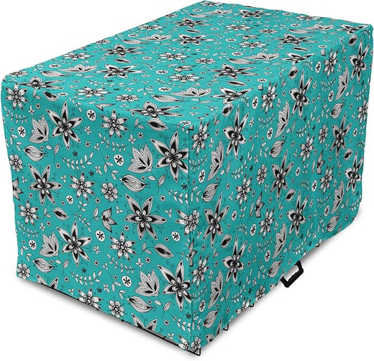 Lunarable Flower Dog Crate Cover, Abstract Monochrome Floral with Botanical Items, Easy to Use Pet Kennel Cover for Medium Large Dogs, 42 Inch, Seafoam Grey