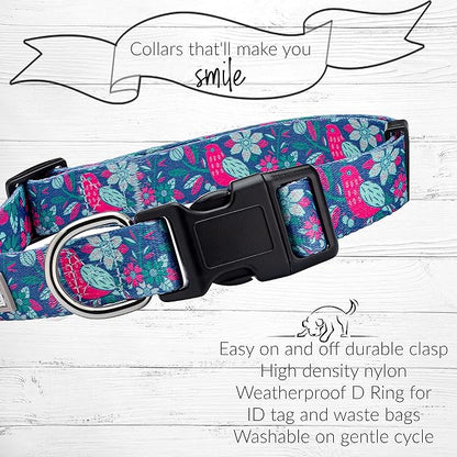 Lucky Love Dog, Whimsical Bird Dog Collar, Vivid Pink, Mint, Blue Flowers Small Dog Collar, Adjustable Collars for Female Male Dogs - (S, Carriebelle Collar)