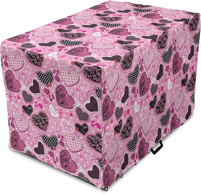 Lunarable Hearts Dog Crate Cover, Sewing Themed Love with Polka Dots Valentine's Day Inspired Image, Easy to Use Pet Kennel Cover for Medium Large Dogs, 48 Inch, Pink Black White