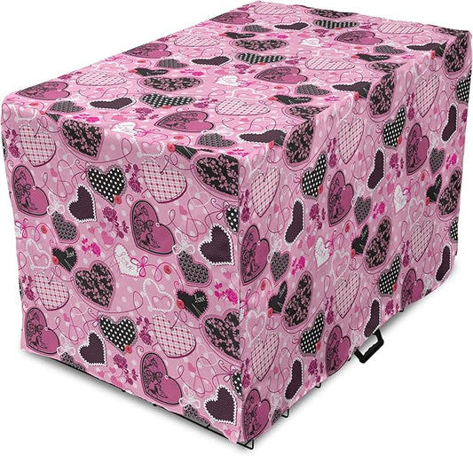 Lunarable Hearts Dog Crate Cover, Sewing Themed Love with Polka Dots Valentine's Day Inspired Image, Easy to Use Pet Kennel Cover for Medium Large Dogs, 48 Inch, Pink Black White
