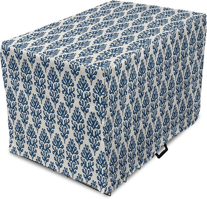 Lunarable Contemporary Blue Dog Crate Cover, Abstract Coral Inspired Motifs with Dots Around, Easy to Use Pet Kennel Cover for Medium Large Dogs, 36 Inch, Pale Eggshell Night Blue