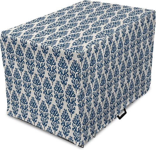 Lunarable Contemporary Blue Dog Crate Cover, Abstract Coral Inspired Motifs with Dots Around, Easy to Use Pet Kennel Cover for Medium Large Dogs, 36 Inch, Pale Eggshell Night Blue