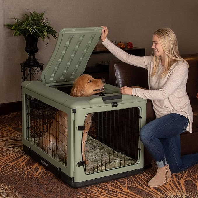 Pet Gear “The Other Door” 4 Door Steel Crate for Dogs/Cats with Garage-Style Door, Includes Plush Bed + Travel Bag, No Tools Required, Willow