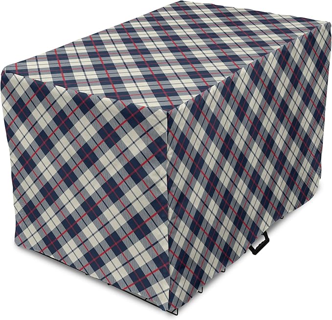 Lunarable Plaid Dog Crate Cover, Celtic Fashion Diagonal Retro Style Classical Irish Culture Inspiration, Easy to Use Pet Kennel Cover for Medium Large Dogs, 42 Inch, Night Blue Red Beige