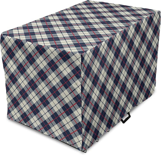 Lunarable Plaid Dog Crate Cover, Celtic Fashion Diagonal Retro Style Classical Irish Culture Inspiration, Easy to Use Pet Kennel Cover for Medium Large Dogs, 42 Inch, Night Blue Red Beige