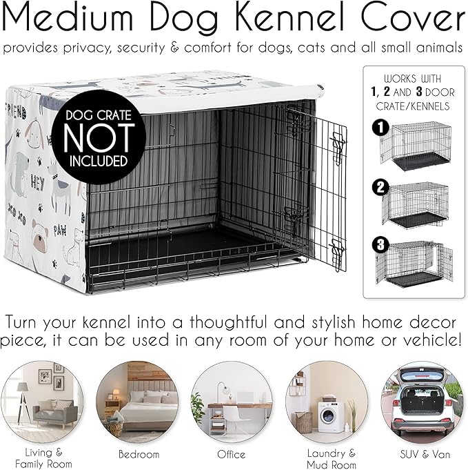 Sweet Jojo Designs Cartoon Puppy Print Dog Crate Cover – Kennel Covers for 36 Inch Pet Cage Medium - Neutral Grey Taupe Blue White Modern Bulldog Wiener Doggy Paw Print Gray