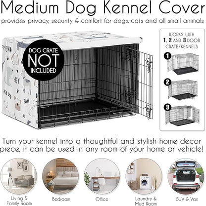 Sweet Jojo Designs Cartoon Puppy Print Dog Crate Cover – Kennel Covers for 36 Inch Pet Cage Medium - Neutral Grey Taupe Blue White Modern Bulldog Wiener Doggy Paw Print Gray