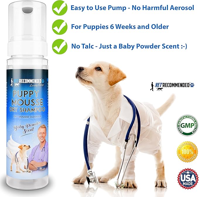 Puppy Shampoo - Waterless Dog Shampoo - No Rinse Dry Foam Mousse - Fur Baby Powder Scent - 8oz/240ml, Made in USA.