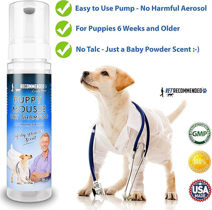 Puppy Shampoo - Waterless Dog Shampoo - No Rinse Dry Foam Mousse - Fur Baby Powder Scent - 8oz/240ml, Made in USA.