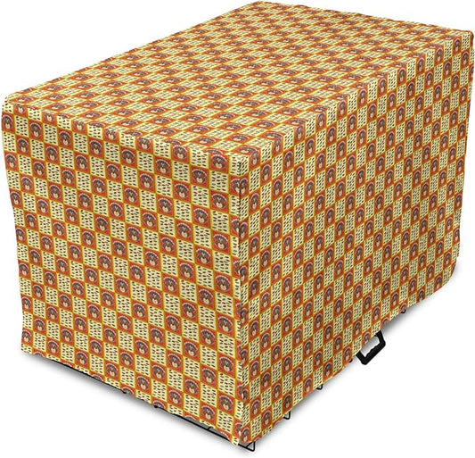 Lunarable Thanksgiving Dog Crate Cover, Checkered Pattern with Funny Cartoon Gobbler and Fallen Autumn Leaves, Easy to Use Pet Kennel Cover for Medium Large Dogs, 36 Inch, Red Yellow Brown