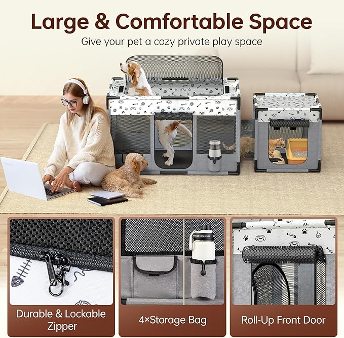 Portable Cat Playpen, Pet Dog Playpen, Kitten Puppy Play Pen for Indoor/Outdoor, Collapsible Cats Cages Enclosed Tent with Carrying Case, PVC Pipe Frame, 600D Oxford, 39" x 24" x 22"