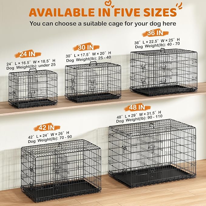Yaheetech 30 inch Double Door Dog Crate w/Divider for Puppy, Collapsible Metal Dog Kennel with Removable Tray, Portable Travel Cage, Black