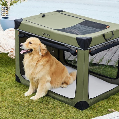 Lesure Soft Collapsible Dog Crate - 42 Inch Portable Travel Crate for Extra Large Dogs Indoor & Outdoor, 4-Door Foldable Pet Kennel with Durable Mesh Windows, Green