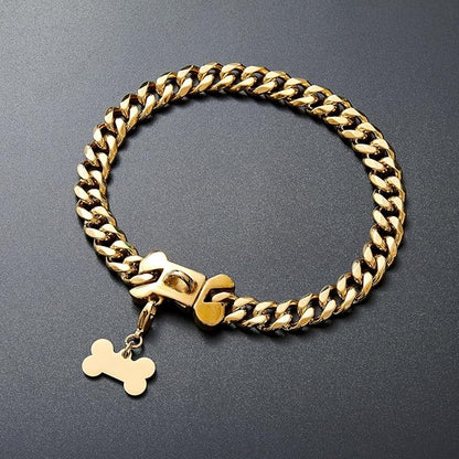 15mm Wide Strong Stainless Steel Bone Style Buckle Gold Dog Chain Collar,18K Gold Plated Cuban Link Chain Dog Necklace Collar for Small Medium Large Dogs - 18''