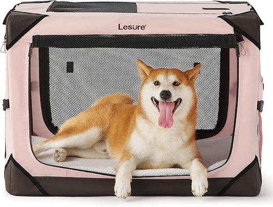 Lesure Collapsible Dog Crate - Portable Travel Kennel for Medium Dog, 4-Door Pet Crate with Durable Mesh Windows, Indoor & Outdoor, Pink