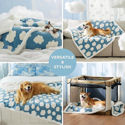 Lesure Waterproof Dog Blanket for Large Dogs - Washable Double Sided Dog Blankets with Warm Jacquard Shag and Soft Sherpa Fleece, Pet Cat Blanket for Bed Protection, 3D Textured Cloud, Blue