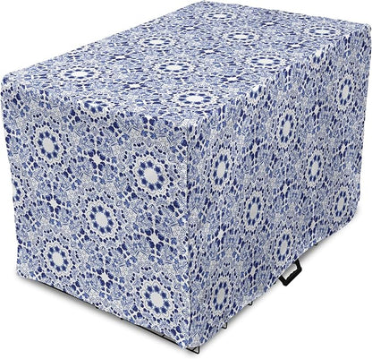 Lunarable Traditional Dog Crate Cover, Circular Flowers and Stripes Ethnic Gzhel Pattern Classic Motifs Art, Easy to Use Pet Kennel Cover for Medium Large Dogs, 42 Inch, Pale Blue