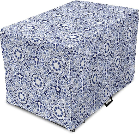 Lunarable Traditional Dog Crate Cover, Circular Flowers and Stripes Ethnic Gzhel Pattern Classic Motifs Art, Easy to Use Pet Kennel Cover for Medium Large Dogs, 42 Inch, Pale Blue