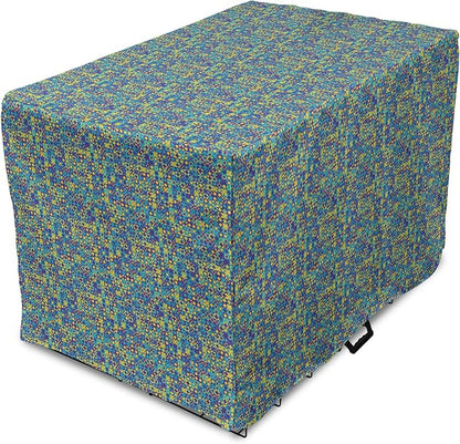 Lunarable Yellow and Blue Dog Crate Cover, Circles Squares and Triangles Mosaic Pattern with Dots Vibrant, Easy to Use Pet Kennel Cover for Cats & Medium Dogs, 30 Inch, Purple Sky Blue Yellow