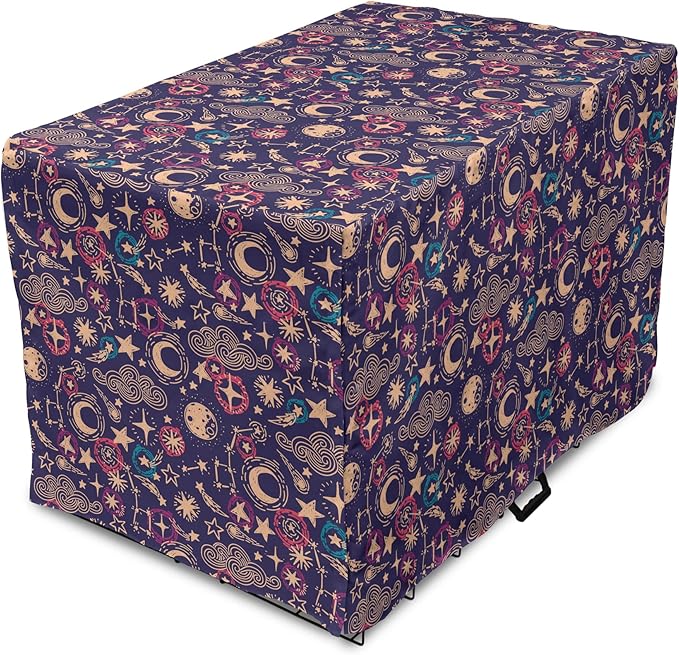 Lunarable Hipster Dog Crate Cover, Hand Drawn Starry Scene of Constellation Crescent Space-Themed Layout, Easy to Use Pet Kennel Cover for Cats & Medium Dogs, 30 Inch, Navy Blue and Multicolor
