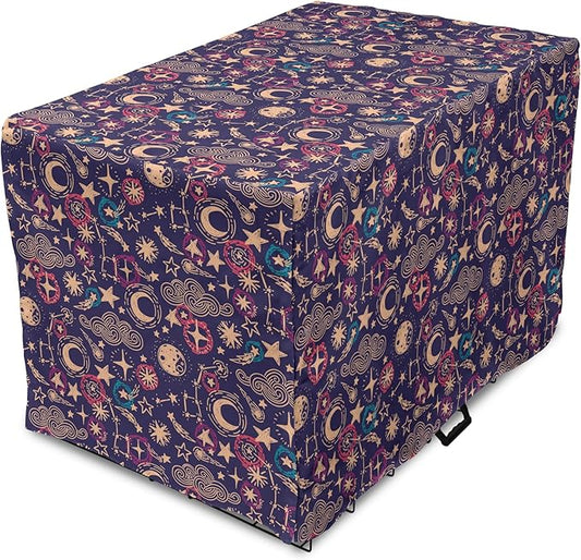 Lunarable Hipster Dog Crate Cover, Hand Drawn Starry Scene of Constellation Crescent Space-Themed Layout, Easy to Use Pet Kennel Cover for Cats & Medium Dogs, 30 Inch, Navy Blue and Multicolor