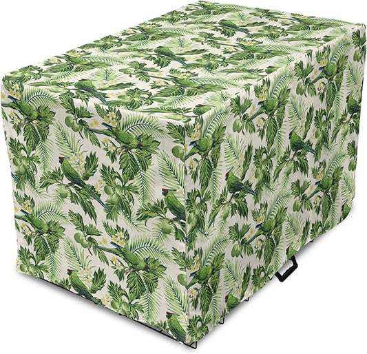 Lunarable Green Dog Crate Cover, Exotic Tropic Pattern with Palm Leaves Breadfruits Plumeria Flowers and Parrots, Easy to Use Pet Kennel Cover for Cats & Medium Dogs, 30 Inch, Lime Green Cream