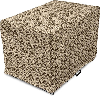 Lunarable Vintage Halloween Dog Crate Cover, Halloween Witch Hat Cauldron Fall Jack o' Lantern Black Cat, Easy to Use Pet Kennel Cover for Medium Large Dogs, 42 Inch, Pale Brown