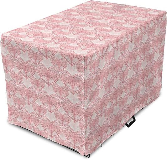 Ambesonne Heart Dog Crate Cover, Love Themed Pastel Zentangle Ornament Valentine's Day Romance Repetition, Easy to Use Pet Kennel Cover for Medium Large Dogs, 42 Inch, Pink White