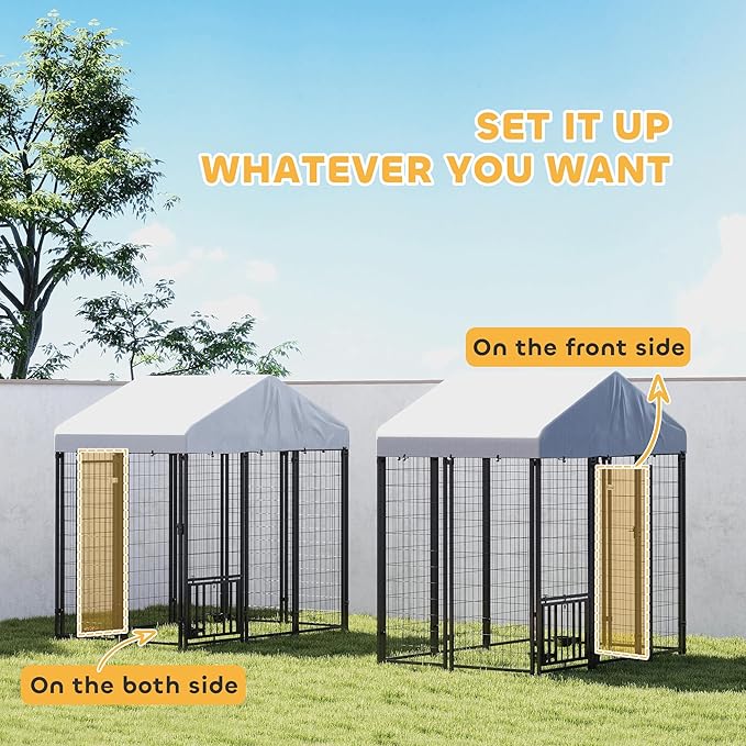 PawHut 5.9' x 4' x 6' Outdoor Dog Kennel, Welded Wire Heavy Duty Dog Run with 360° Rotating & 4 Level Adjustable Bowls, Dog Kennel Outside with Waterproof & UV Resistant Cover, for S&M Dogs