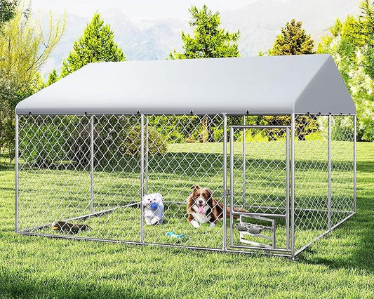 XL Outside Dog Kennel 10x10 ft - Outside Dog Kennel with Roof, Covered Kennels with with Feeding Door, Outdoor Dog Enclosure with Thickened Roof